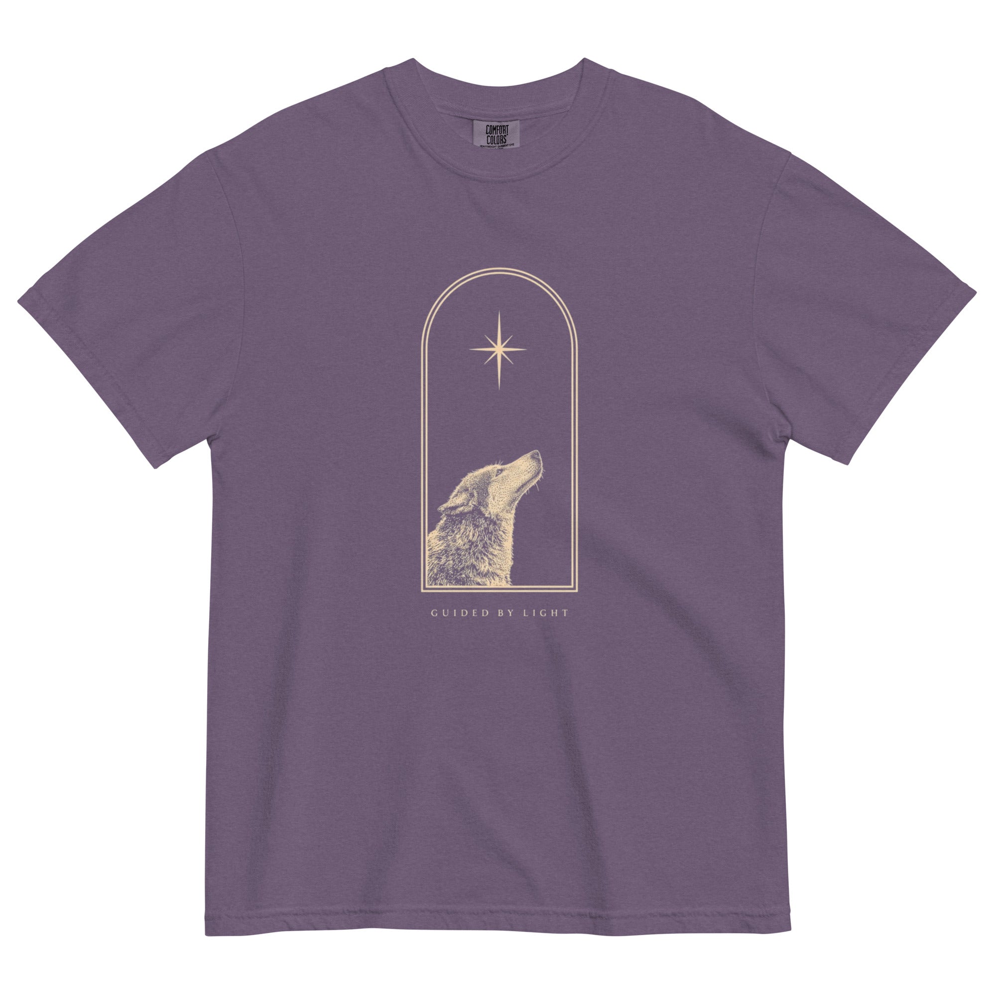 Wolf and star design on a Grape garment-dyed cotton t-shirt