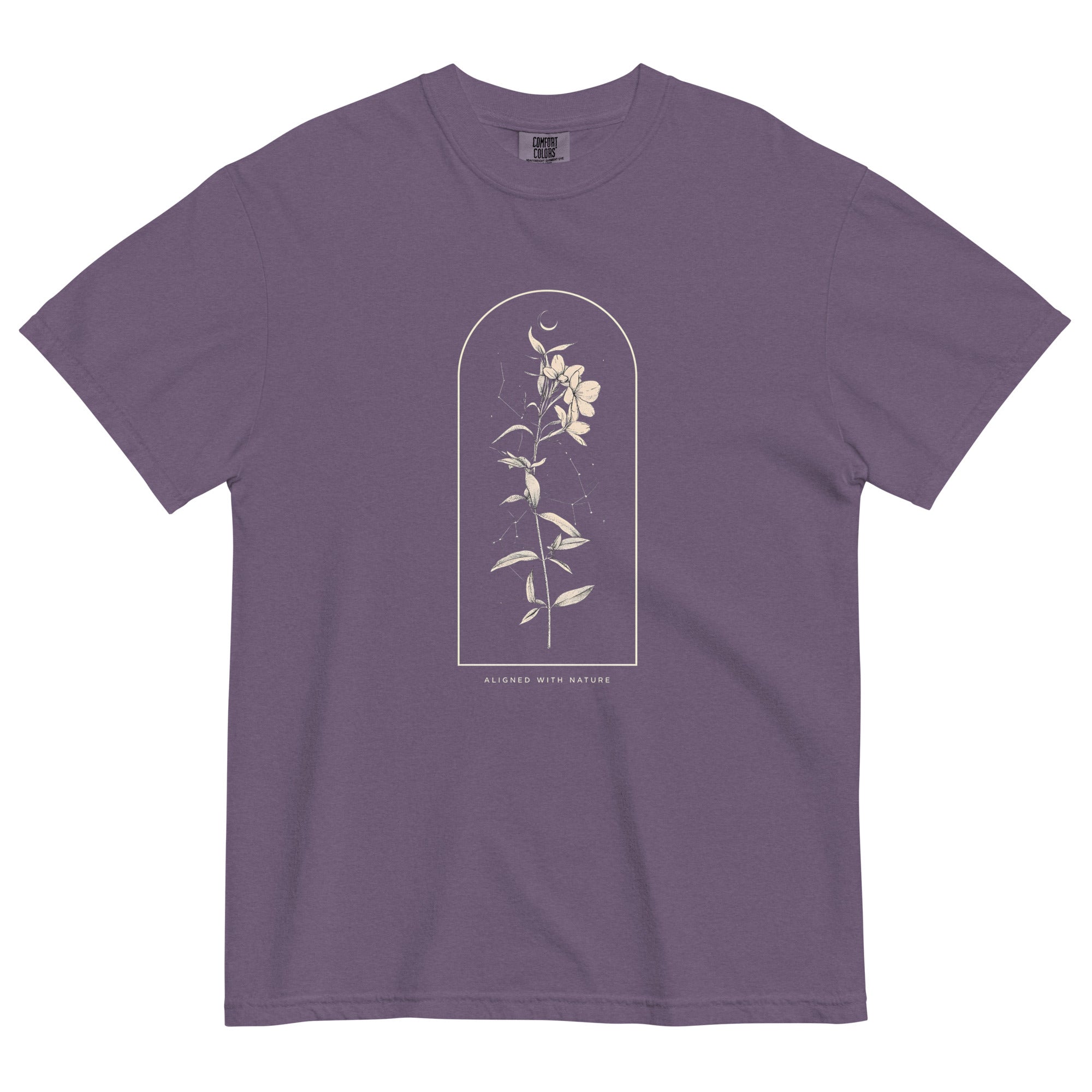 Wildflower and constellation design on a Grape garment-dyed cotton t-shirt