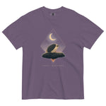 Hedgehog and crescent moon design on a Grape garment-dyed cotton t-shirt