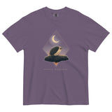 Hedgehog and crescent moon design on a Grape garment-dyed cotton t-shirt