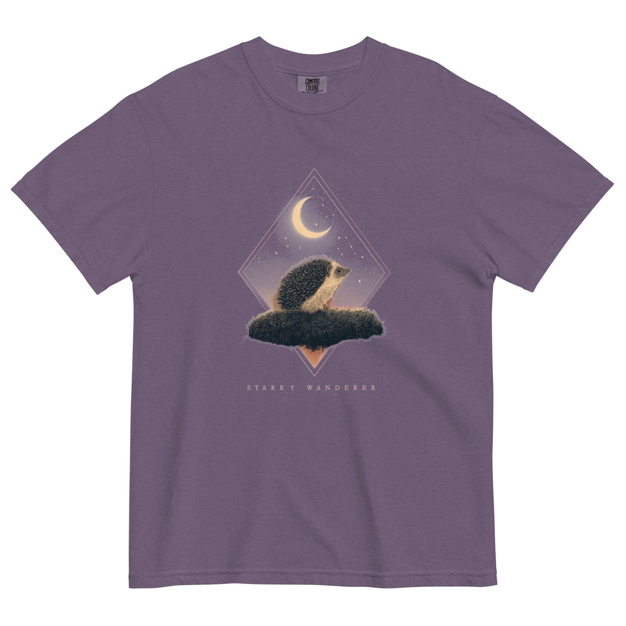 Hedgehog and crescent moon design on a Grape garment-dyed cotton t-shirt