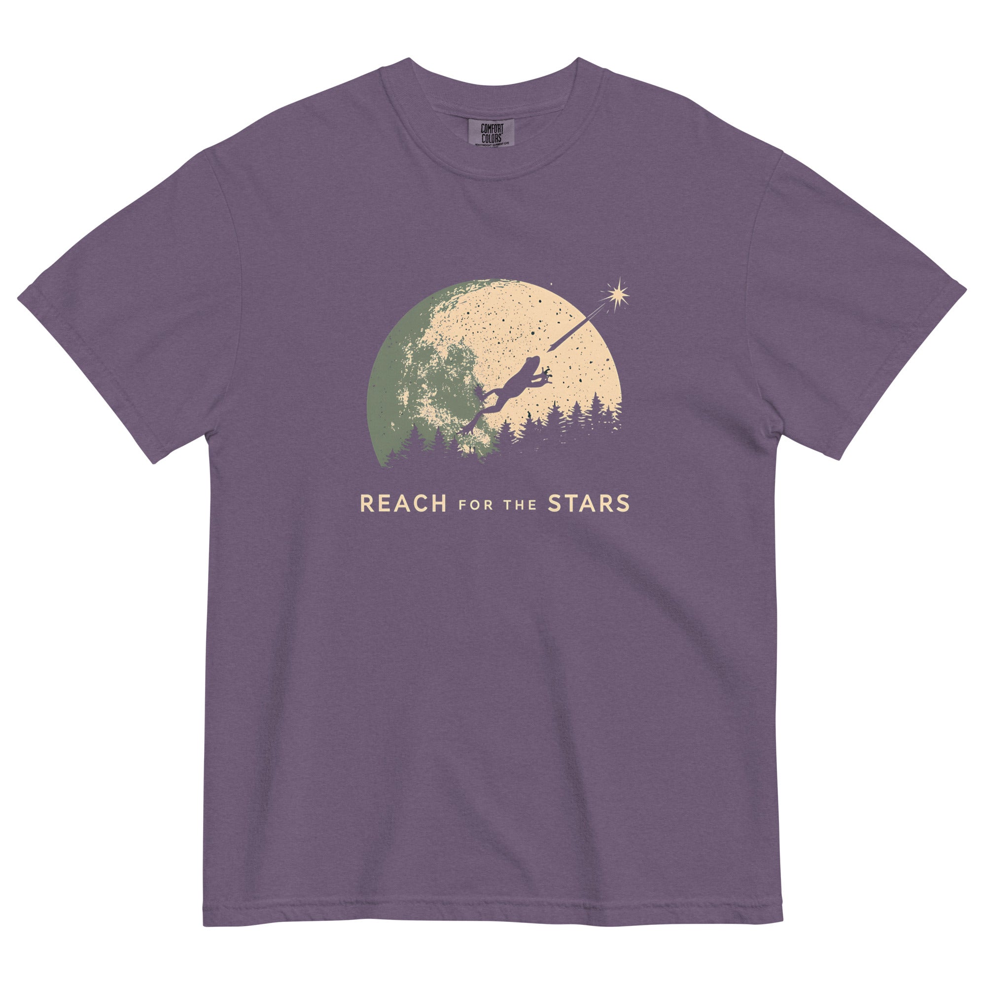 Frog and full moon design on a Grape garment-dyed cotton t-shirt