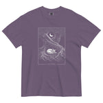 Sleeping fox and ancient tree design on a Grape garment-dyed cotton t-shirt