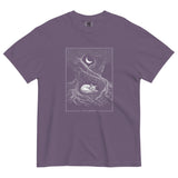 Sleeping fox and ancient tree design on a Grape garment-dyed cotton t-shirt