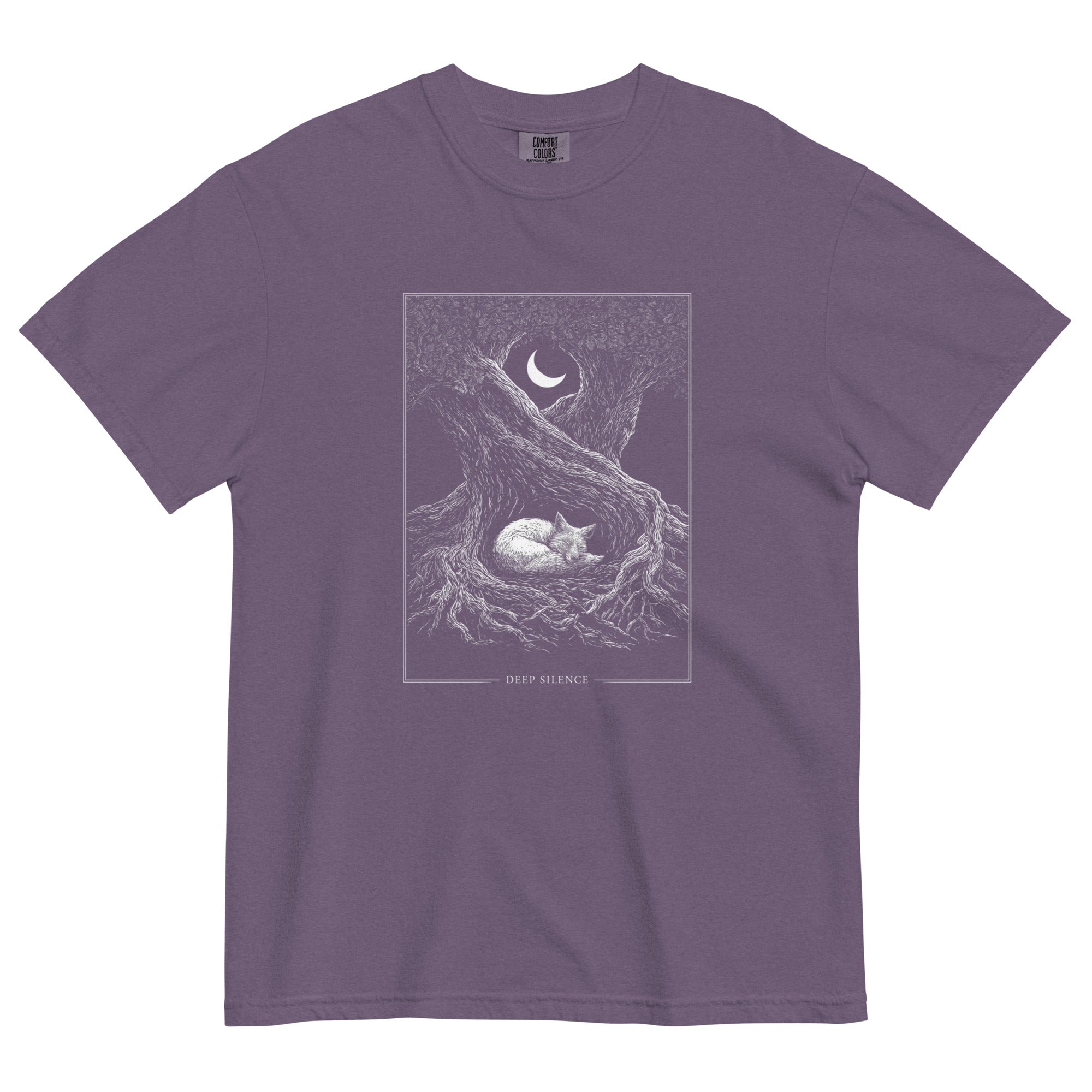 Sleeping fox and ancient tree design on a Grape garment-dyed cotton t-shirt
