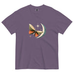Butterfly and crescent moon design on a Grape garment-dyed cotton t-shirt