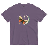 Butterfly and crescent moon design on a Grape garment-dyed cotton t-shirt