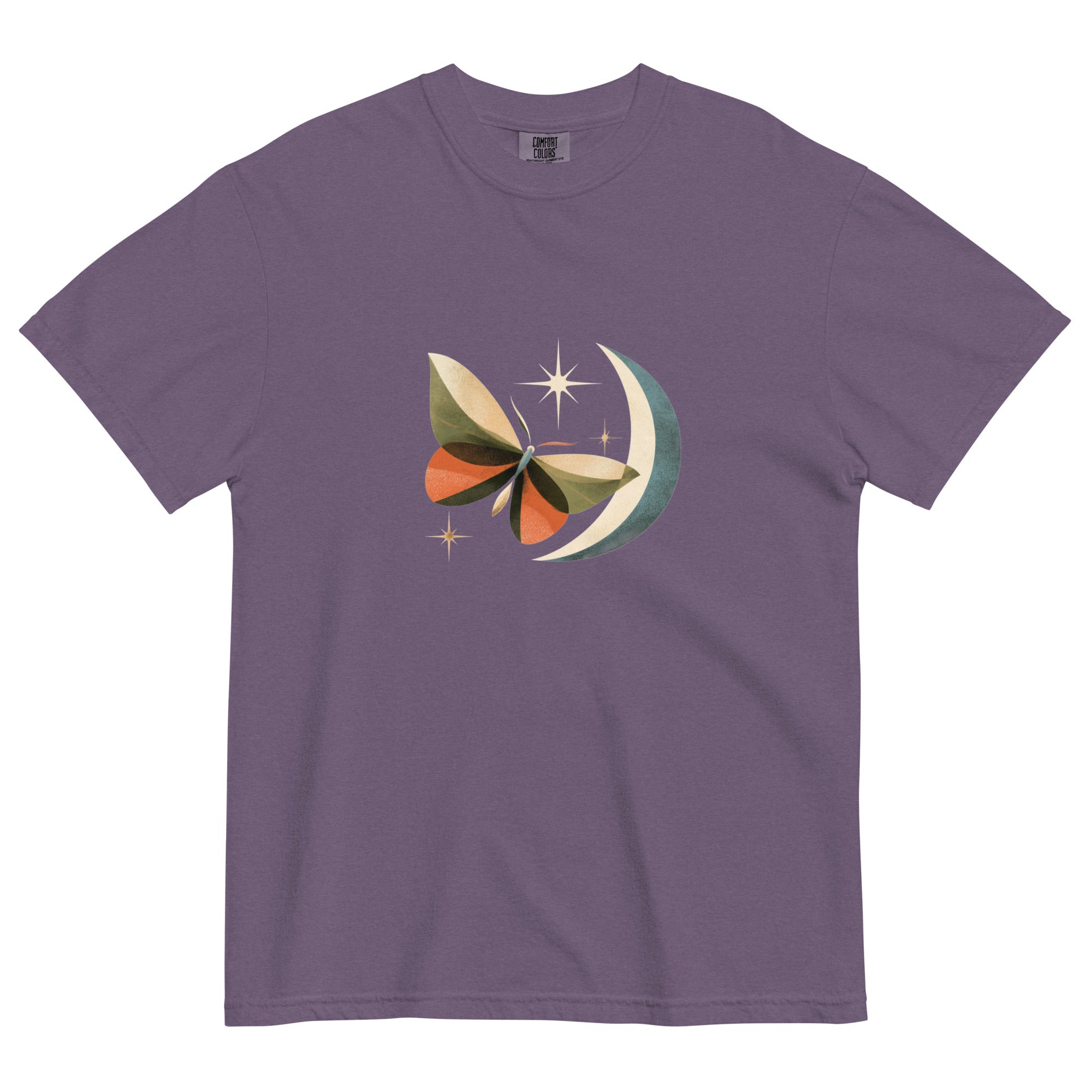 Butterfly and crescent moon design on a Grape garment-dyed cotton t-shirt