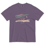 Fox and northern lights design on a Grape garment-dyed cotton t-shirt
