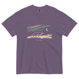 Fox and northern lights design on a Grape garment-dyed cotton t-shirt