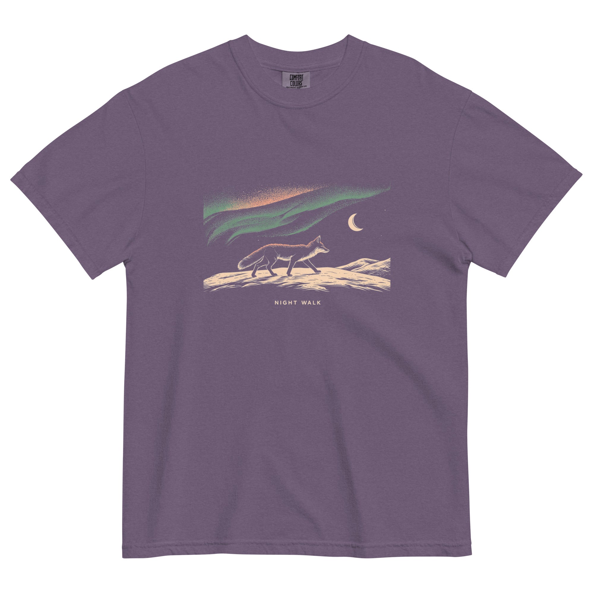 Fox and northern lights design on a Grape garment-dyed cotton t-shirt