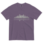 Mountain lake reflection design on a Grape garment-dyed cotton t-shirt