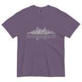 Mountain lake reflection design on a Grape garment-dyed cotton t-shirt
