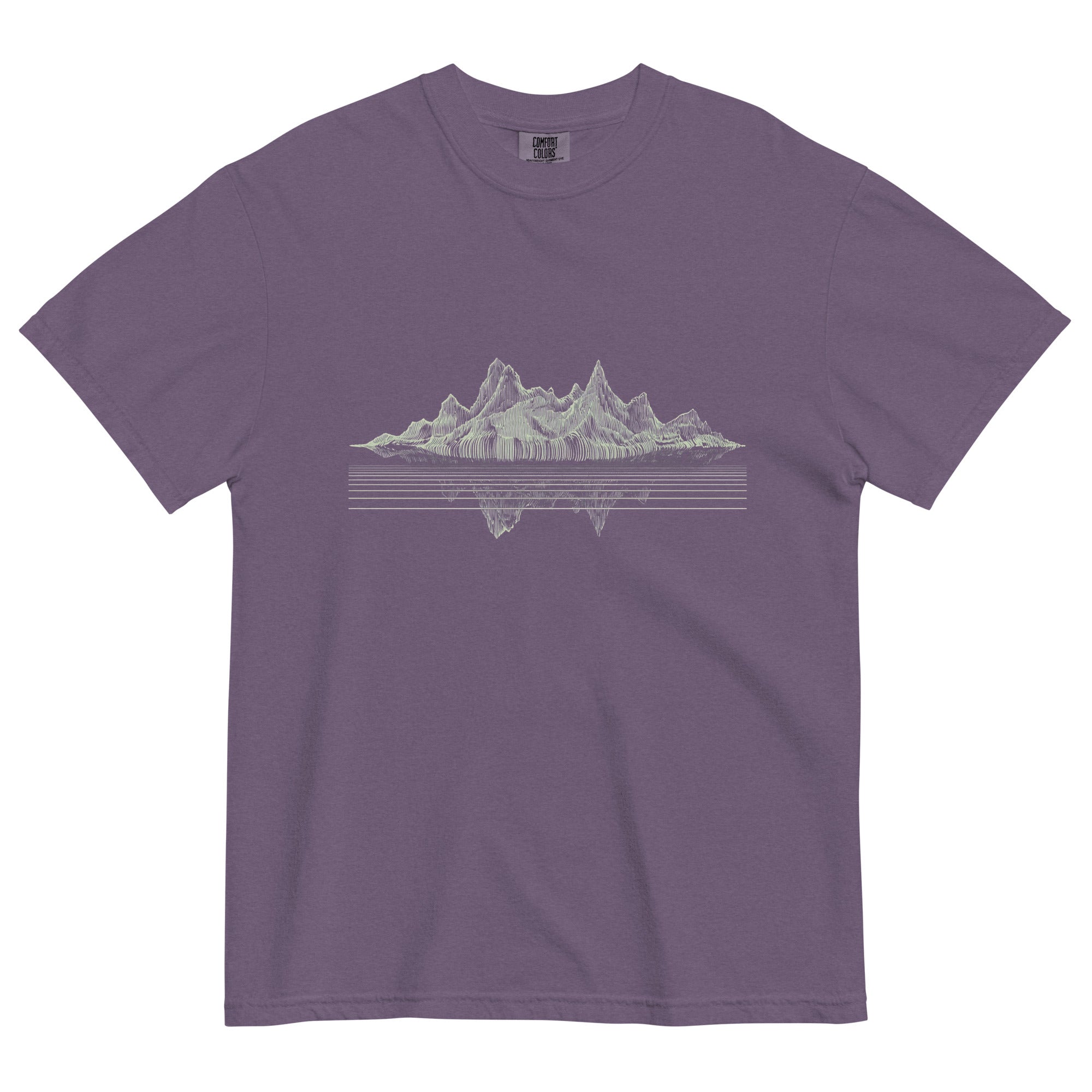 Mountain lake reflection design on a Grape garment-dyed cotton t-shirt