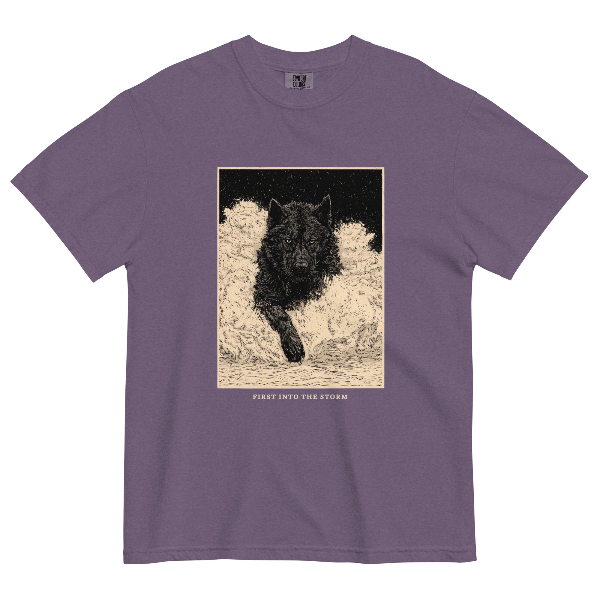 Black wolf in deep snow design on a Grape garment-dyed cotton t-shirt