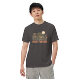 Hedgehog and mushrooms design on a Graphite garment-dyed cotton t-shirt
