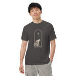 Wolf and star design on a Graphite garment-dyed cotton t-shirt