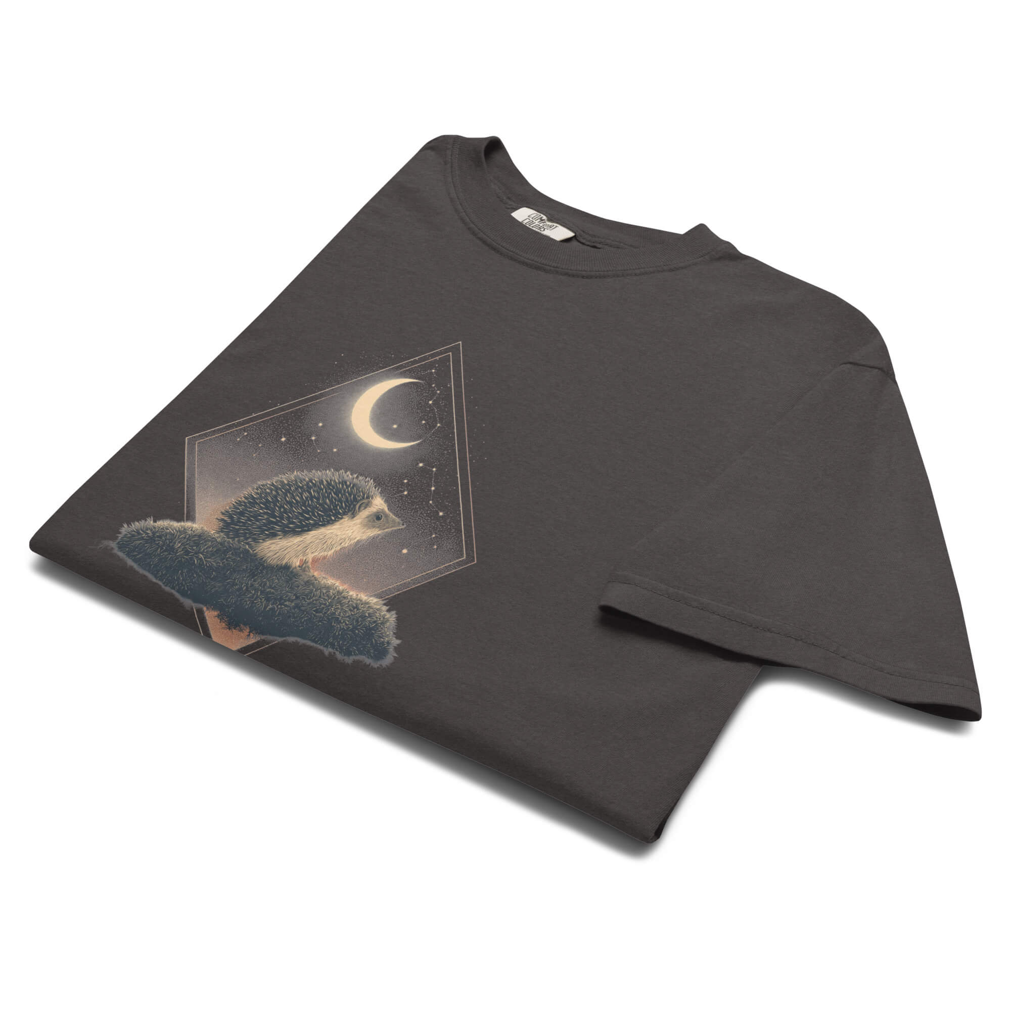 Hedgehog and crescent moon design on a Graphite garment-dyed cotton t-shirt