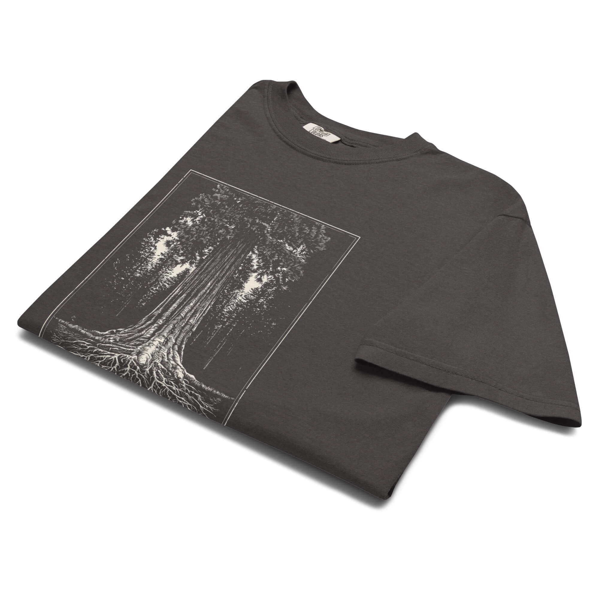Redwood tree and roots design on a Graphite garment-dyed cotton t-shirt