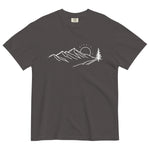 Mountain sunrise line design on a Graphite garment-dyed cotton t-shirt