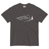 Mountain sunrise line design on a Graphite garment-dyed cotton t-shirt