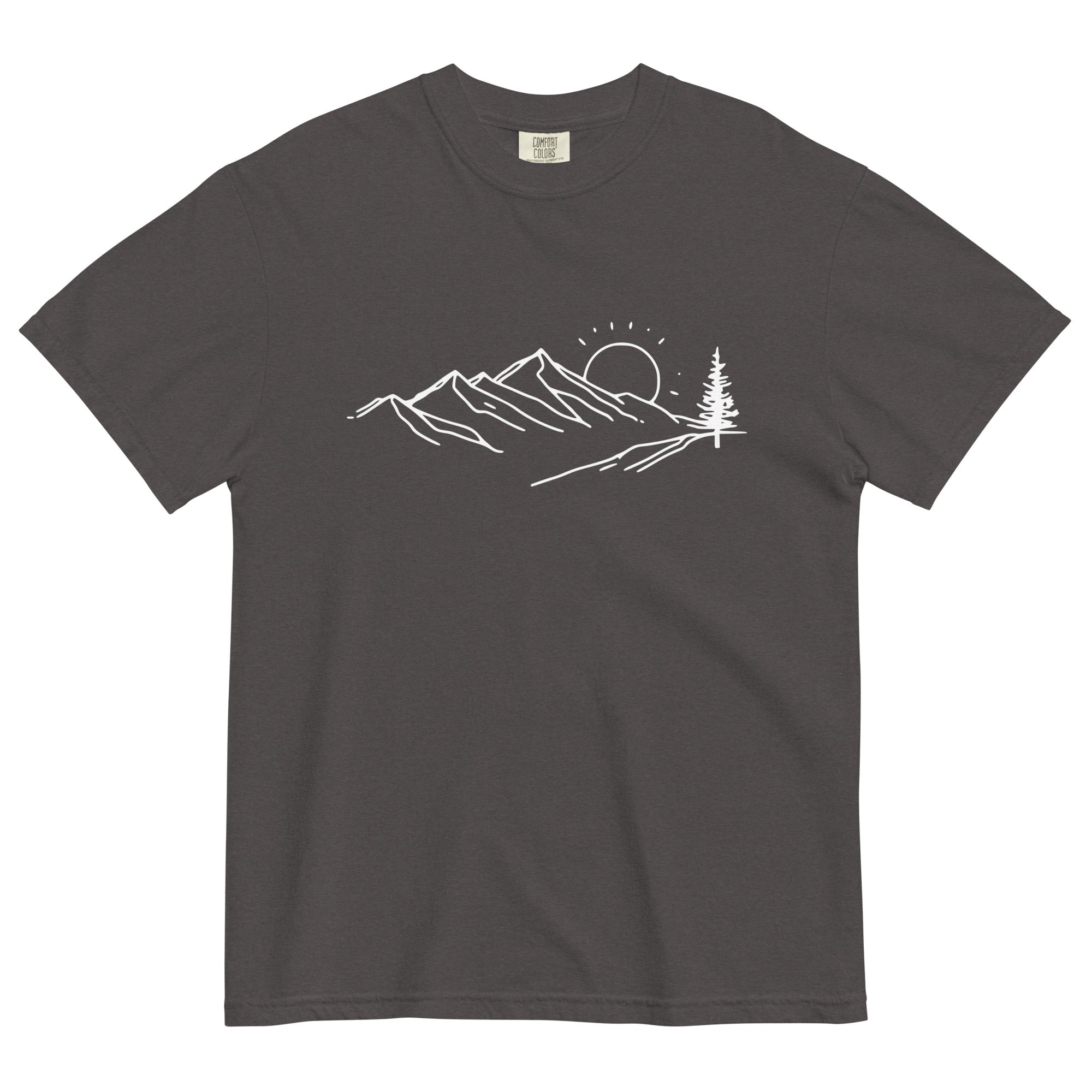 Mountain sunrise line design on a Graphite garment-dyed cotton t-shirt