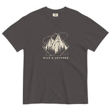 Mountain peaks and orbital rings design on a Graphite garment-dyed cotton t-shirt