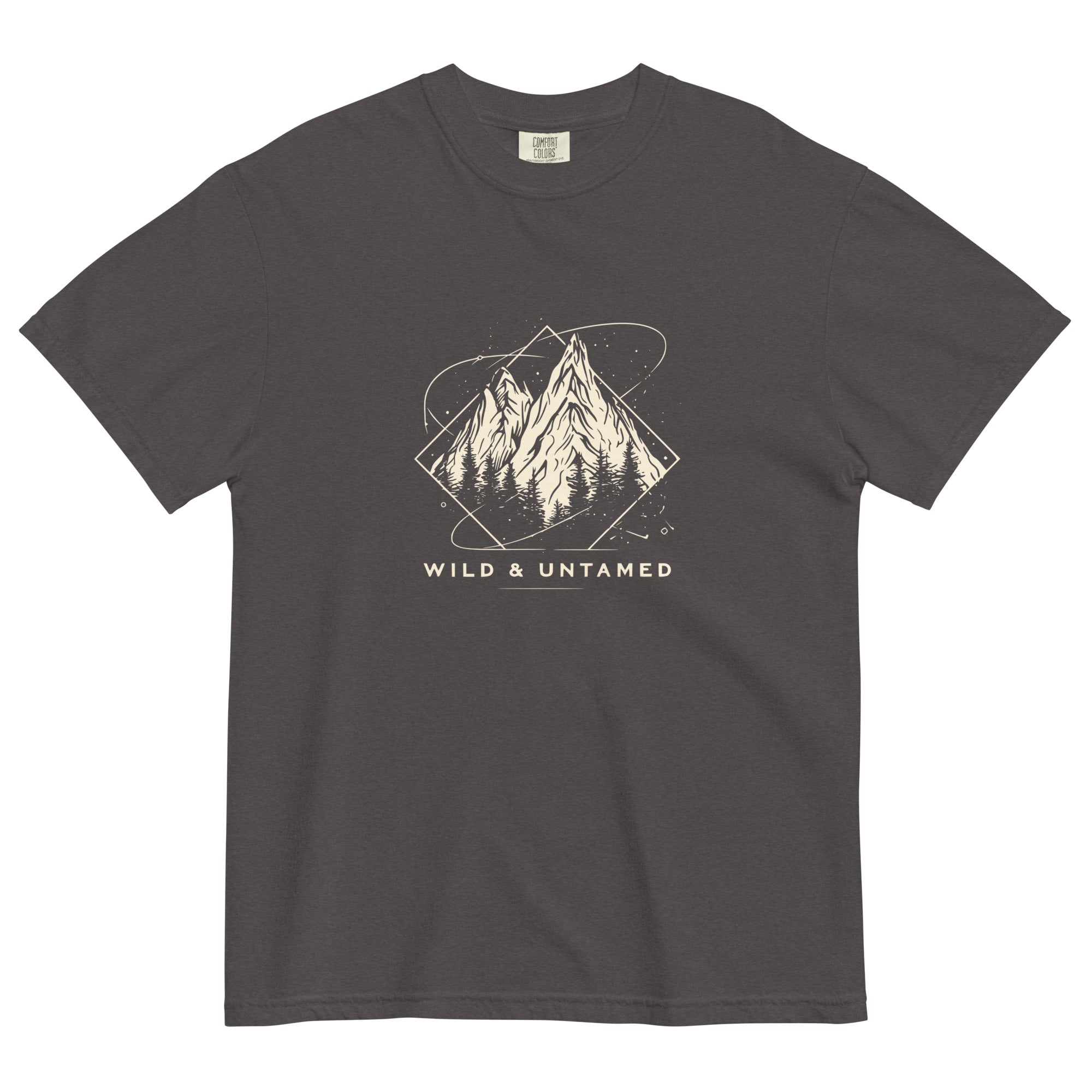 Mountain peaks and orbital rings design on a Graphite garment-dyed cotton t-shirt