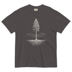 Pine tree and roots design on a Graphite garment-dyed cotton t-shirt