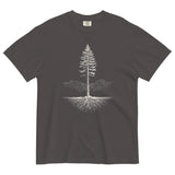 Pine tree and roots design on a Graphite garment-dyed cotton t-shirt