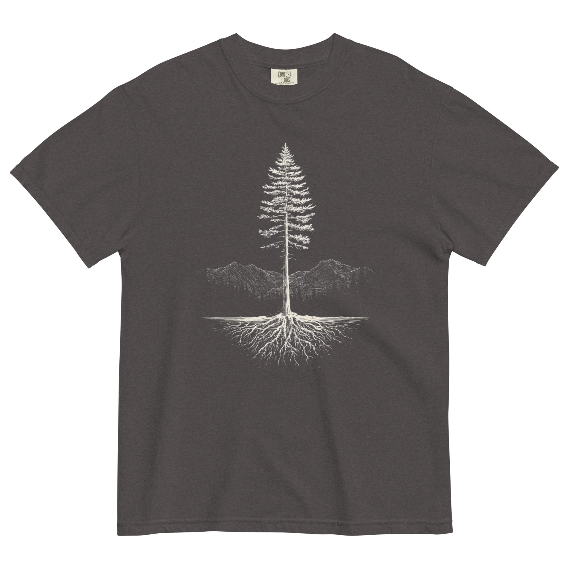 Pine tree and roots design on a Graphite garment-dyed cotton t-shirt