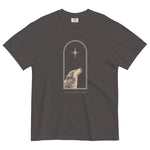 Wolf and star design on a Graphite garment-dyed cotton t-shirt