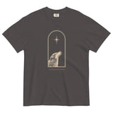 Wolf and star design on a Graphite garment-dyed cotton t-shirt