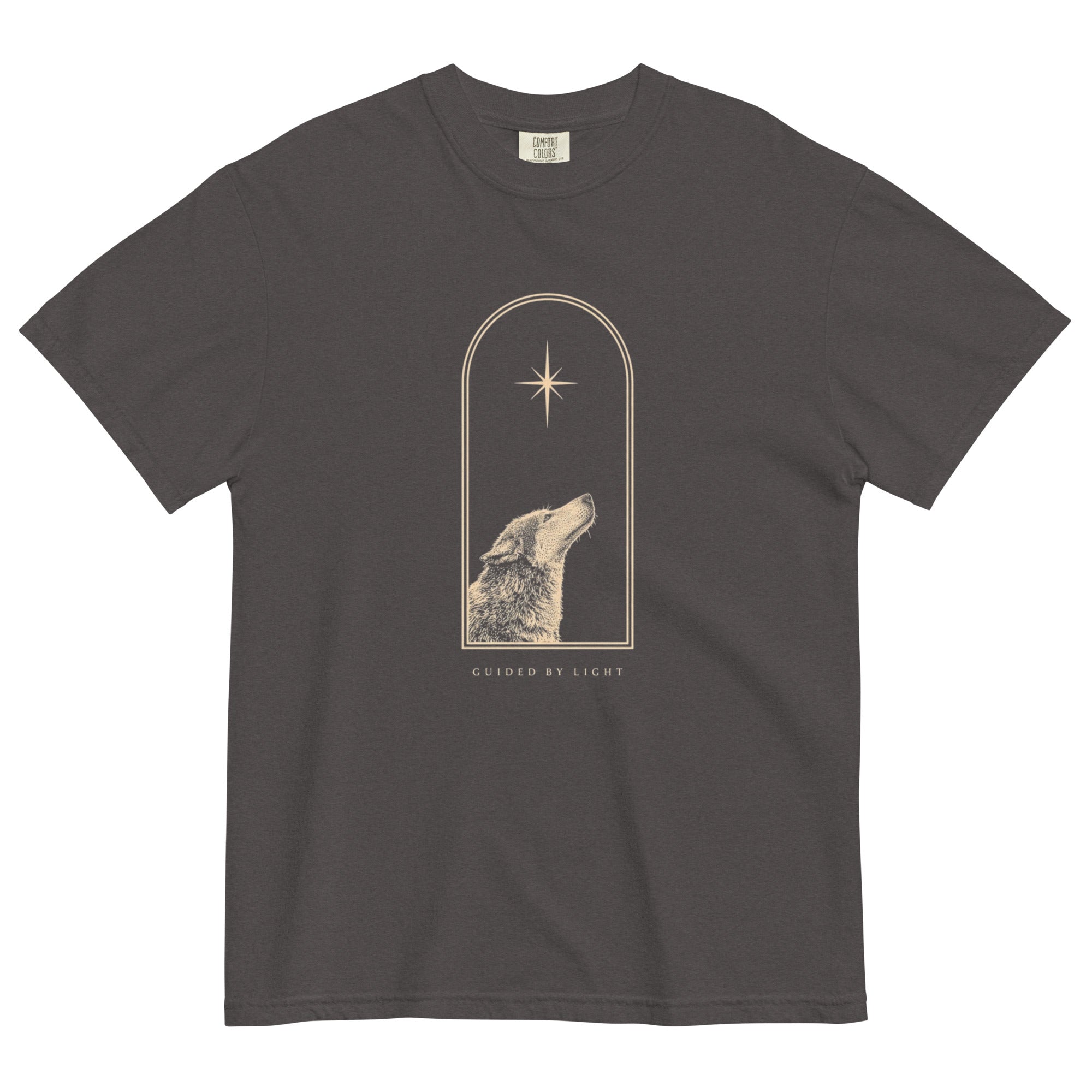 Wolf and star design on a Graphite garment-dyed cotton t-shirt