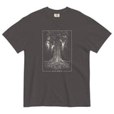 Redwood tree and roots design on a Graphite garment-dyed cotton t-shirt