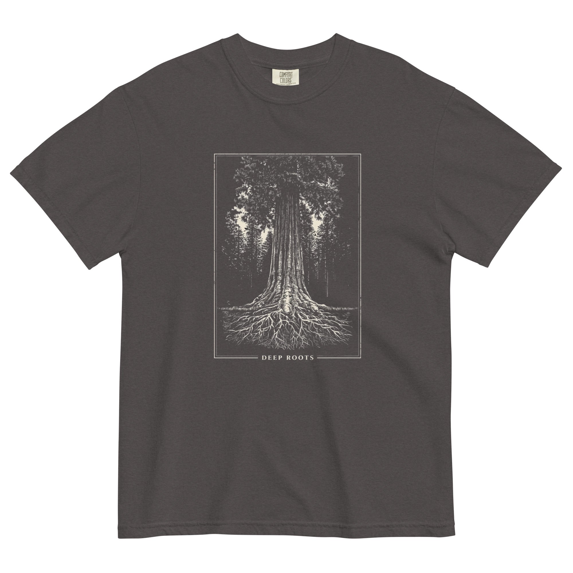 Redwood tree and roots design on a Graphite garment-dyed cotton t-shirt