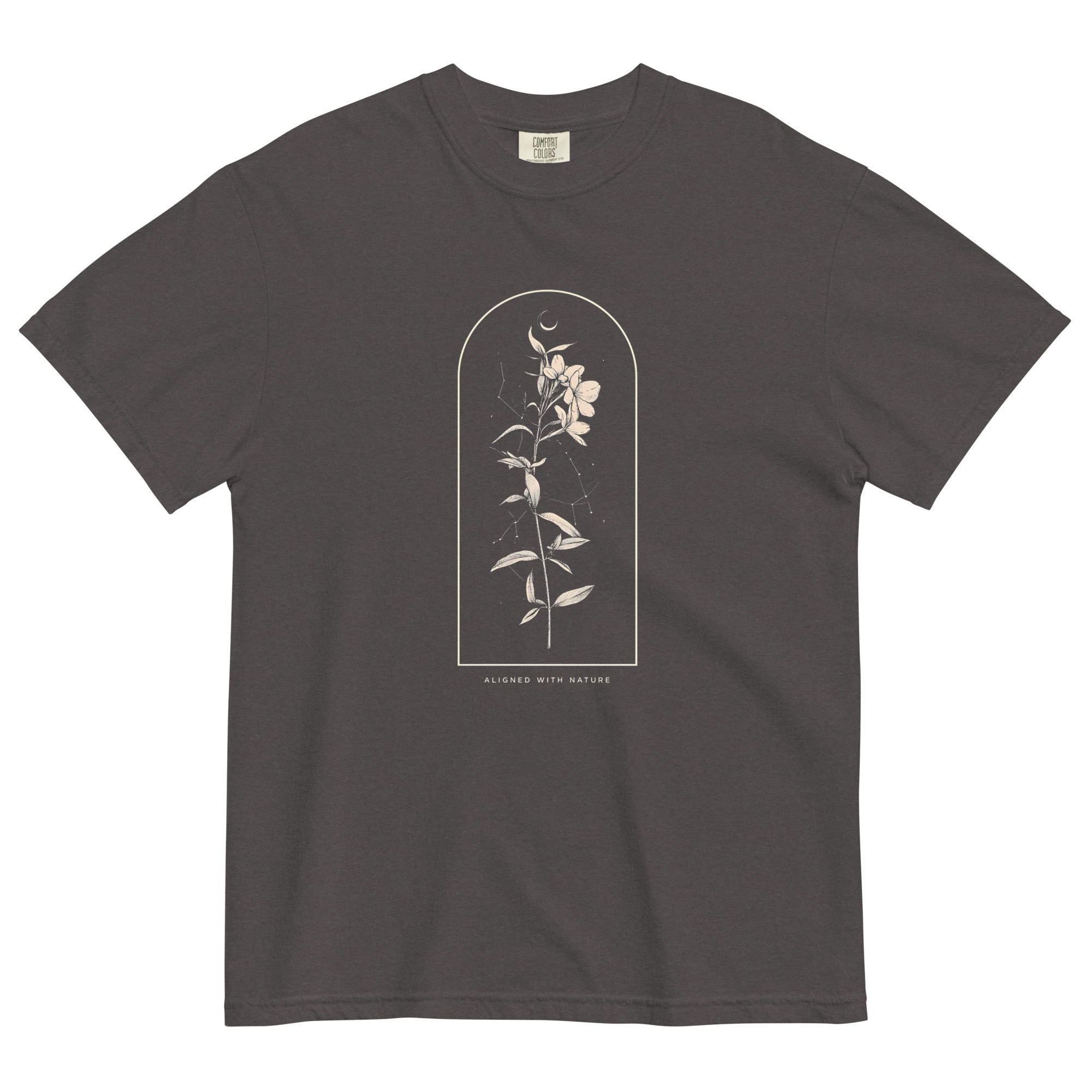 Wildflower and constellation design on a Graphite garment-dyed cotton t-shirt