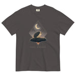 Hedgehog and crescent moon design on a Graphite garment-dyed cotton t-shirt