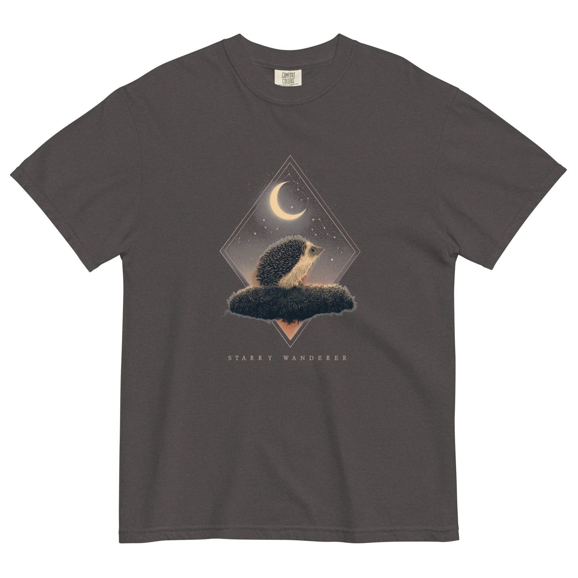 Hedgehog and crescent moon design on a Graphite garment-dyed cotton t-shirt