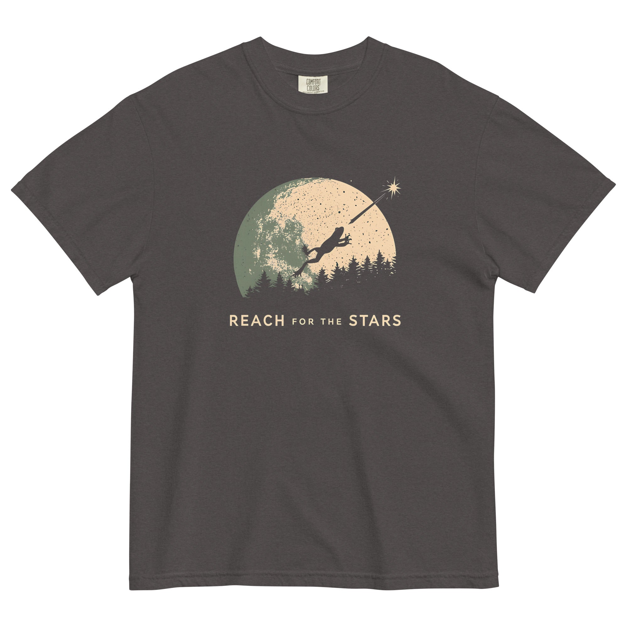 Frog and full moon design on a Graphite garment-dyed cotton t-shirt