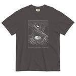 Sleeping fox and ancient tree design on a Graphite garment-dyed cotton t-shirt