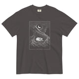 Sleeping fox and ancient tree design on a Graphite garment-dyed cotton t-shirt