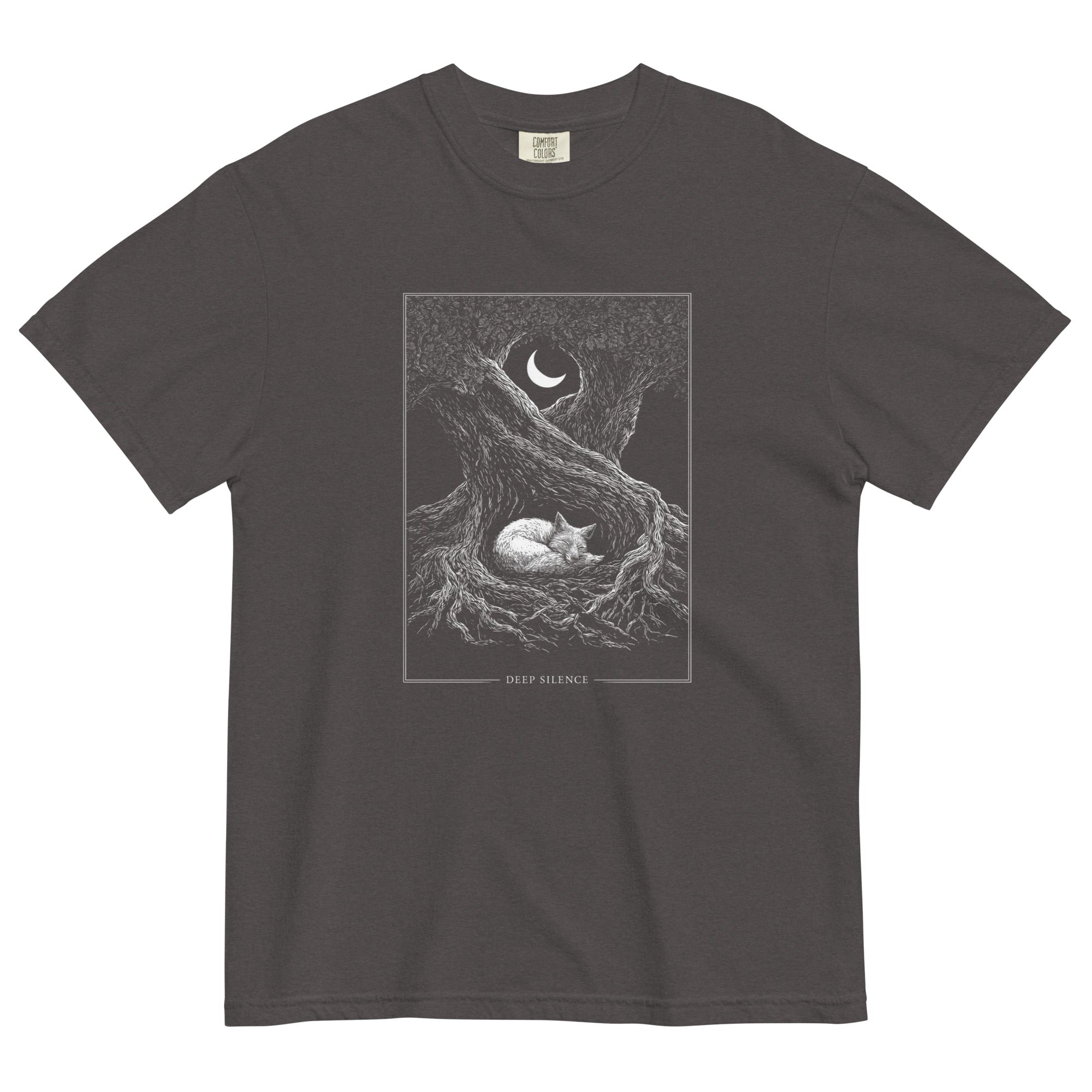 Sleeping fox and ancient tree design on a Graphite garment-dyed cotton t-shirt