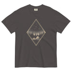 Camping tent and starfield design on a Graphite garment-dyed cotton t-shirt
