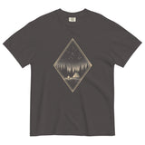 Camping tent and starfield design on a Graphite garment-dyed cotton t-shirt