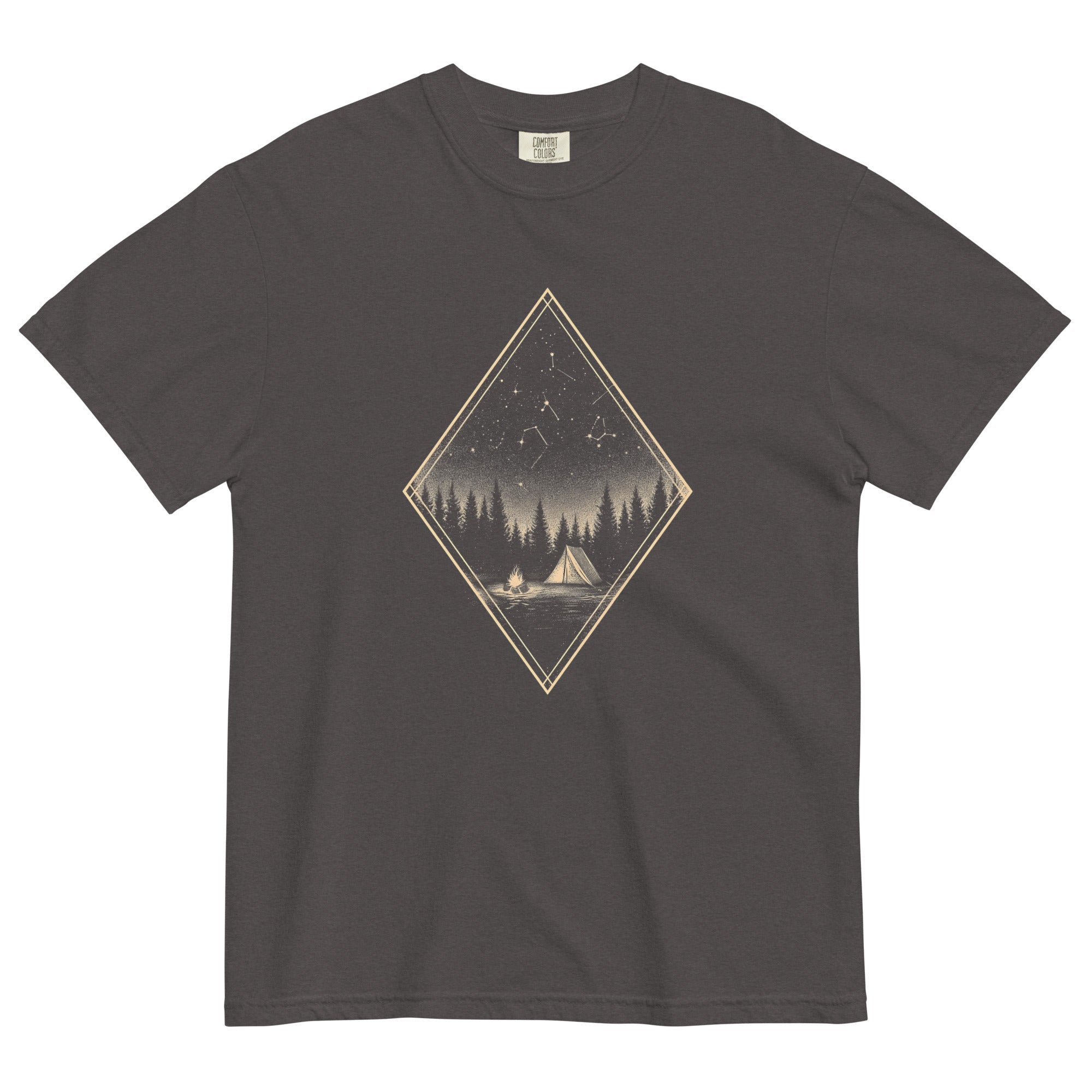 Camping tent and starfield design on a Graphite garment-dyed cotton t-shirt