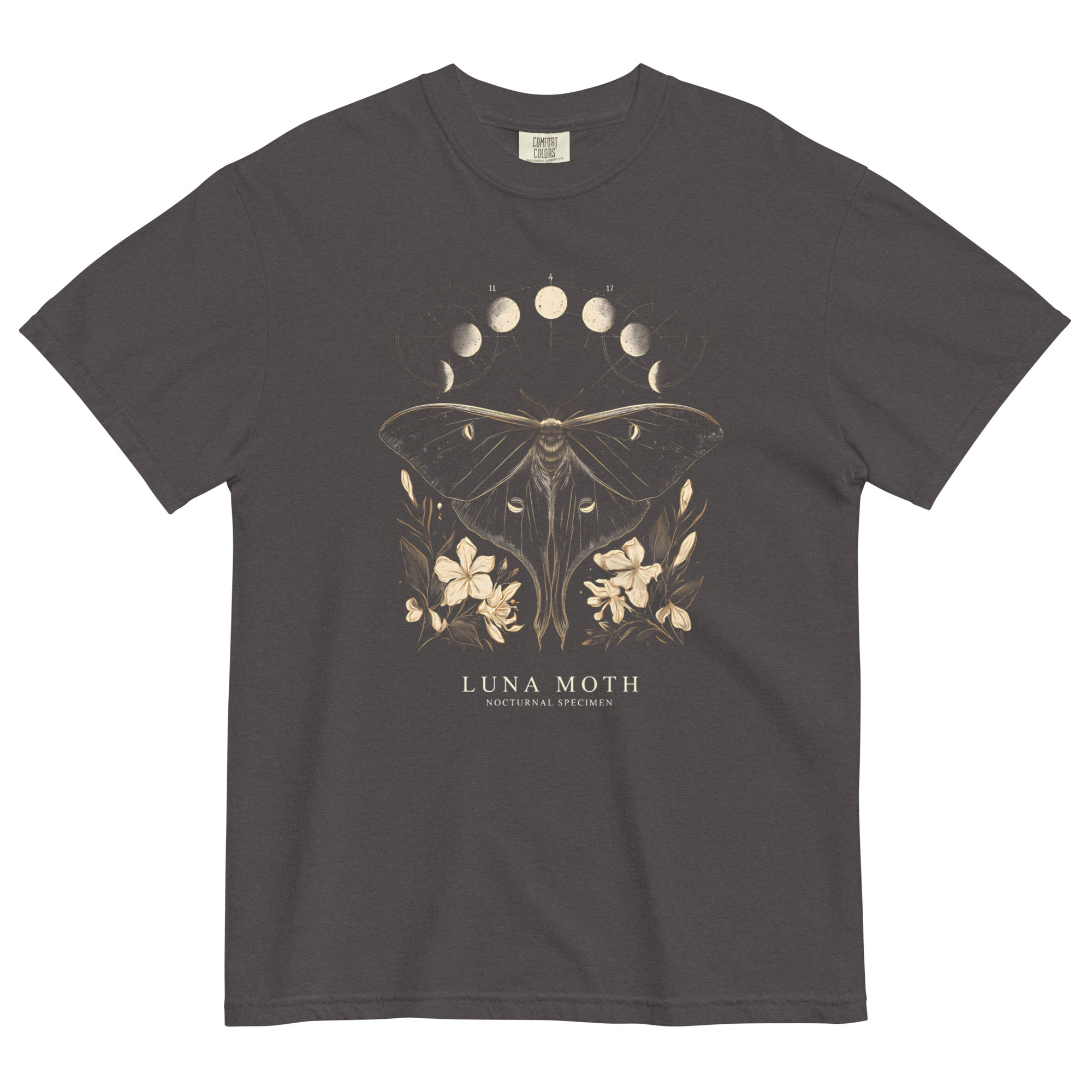 Luna moth specimen design on a Graphite garment-dyed cotton t-shirt