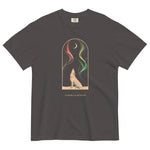 Howling wolf and aurora design on a Graphite garment-dyed cotton t-shirt