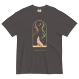 Howling wolf and aurora design on a Graphite garment-dyed cotton t-shirt