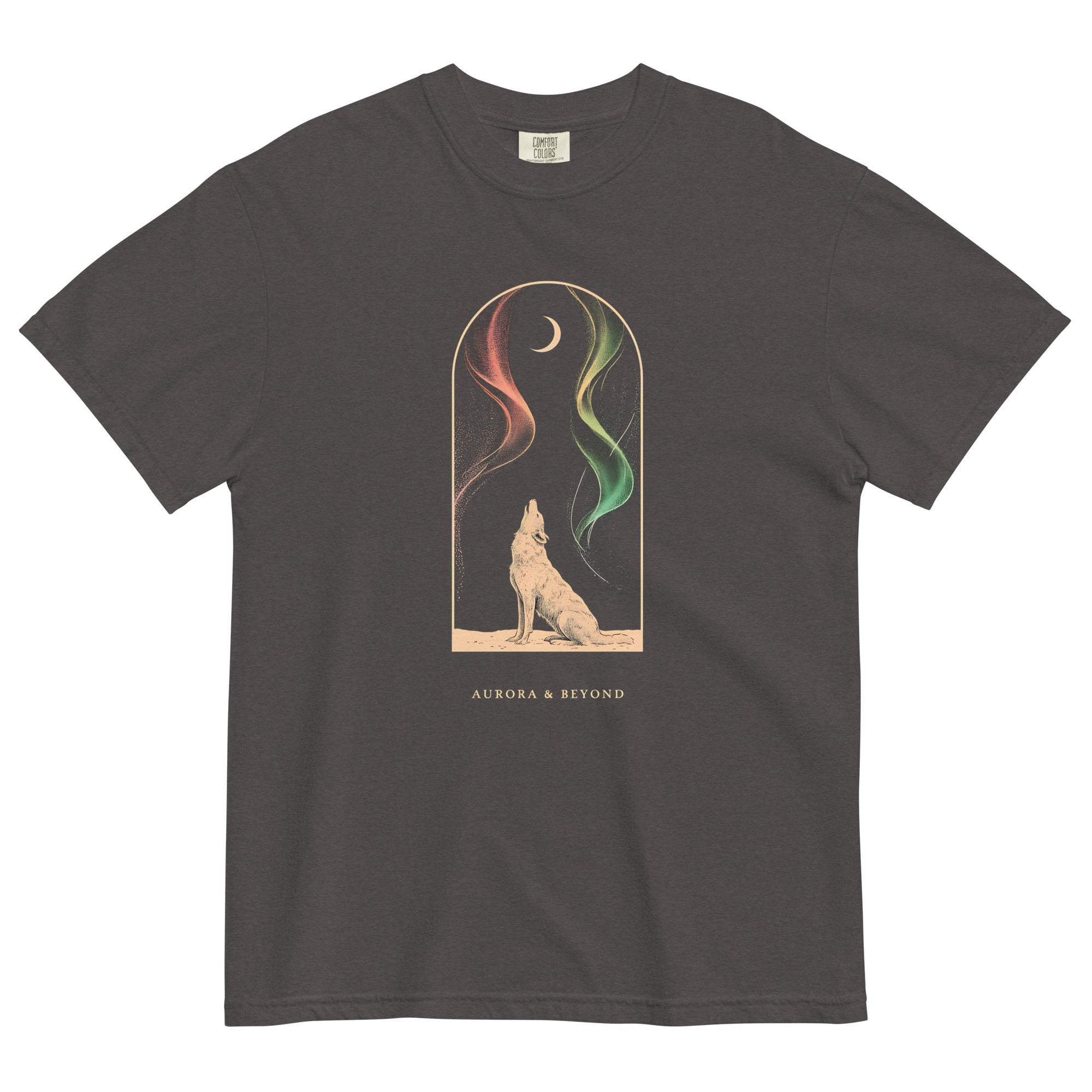 Howling wolf and aurora design on a Graphite garment-dyed cotton t-shirt